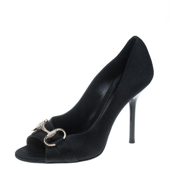 Gucci Black Satin Crystal Horsebit Open Toe Pumps - Picture 4 of 4